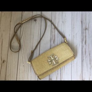 Tory Burch Straw Stacked “T” Logo Clutch/Crossbody